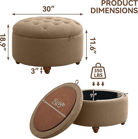 WUTUTUEE 30Inch Round Storage Ottoman with Tray, Modern Tufted Fabric Circle Coffee Table with Storage, Upholstered Ottoman with Removable Top for Living Room, Bedroom, Brown