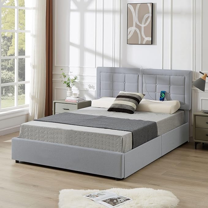 VECELO Full Size Bed Frame with 4 Drawers, Adjustable Tufted Button Headboard, Upholstered Platform with Wood Slats Support, Built-in USB and Type C Ports, Light Grey