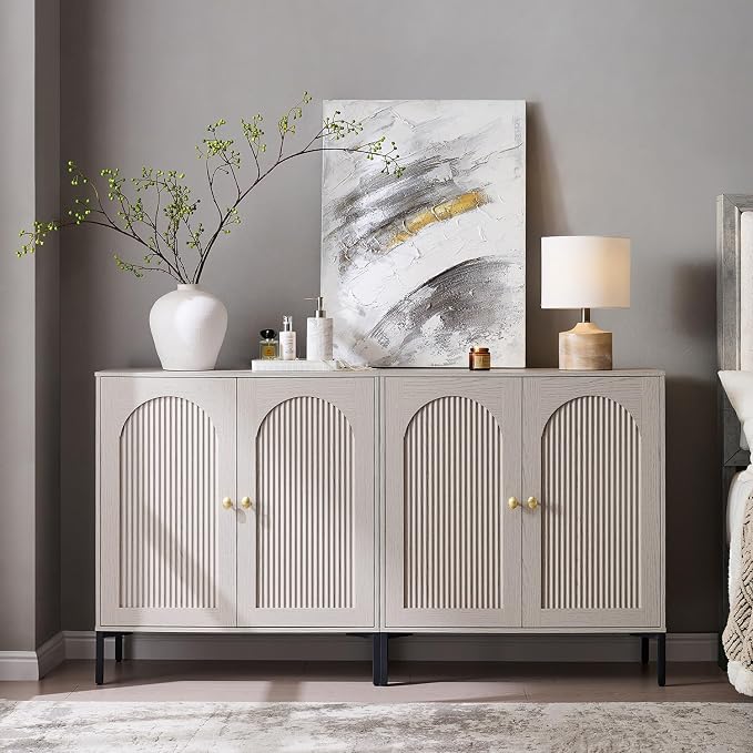 IFGET Modern Buffet Cabinet with Storage, 61.75" W Fluted Arched Sideboard Cabinet w/Adjustable Shelves, Wooden Modular Coffee Bar for Dining Room, Kitchen, Living Room, Entryway, Light Grey