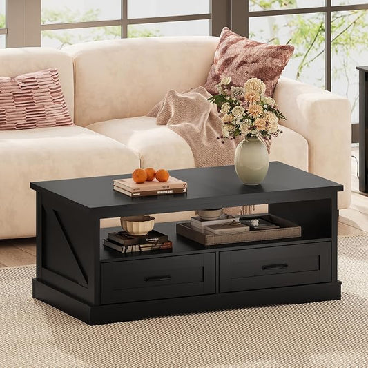 WLIVE Coffee Table for Living Room, 43" Framhouse Coffee Table with 2 Storage Drawers, Modern Center Table with Open Display Area, Elegant Curved Base, Black