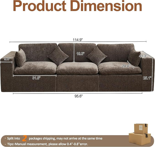115''Cloud Boneless Sectional Couch, Modular Sectional Sofa Deep Seat, Oversized Upholstered Convertible Comfy 3 Seater Chenille Memory Foam Sofa Couches for Living Room, Brown