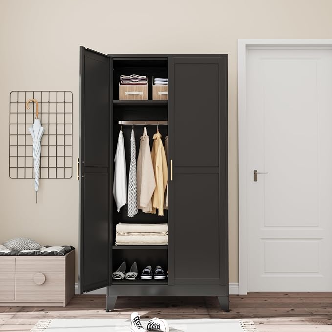 Ckzbx 71" H Metal Armoire Wardrobe Closet, Adjustable Shelve, Clothes Drying Pole, Steel Wardrobe Cabinet for Bedroom (Black)