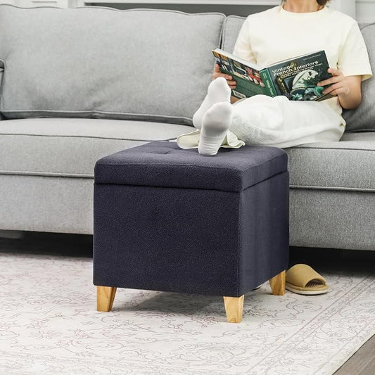 Adeco Storage Ottoman Bench with Solid Wood Legs, Dark Grey Cotton Linen Upholstered Tufted Footstool, Hinged Lid Cube for Living Room, Bedroom, Entryway, 17.7" Square