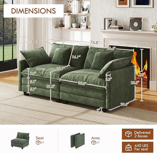 WorthFurni 77 Inch Cloud Sofa Loveseat, Comfy Sectional Couch, 2-Seater Chenille Deep Seat Sofa with Throw Pillows for Living Room Bedroom Apartment (Green)