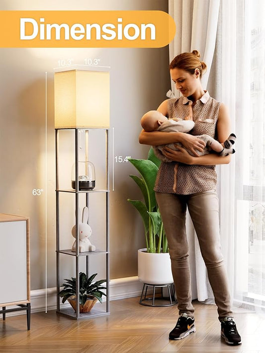 Floor Lamp with Shelves for Living Room, Shelf Floor Lamp with 3 CCT LED Bulb, Corner Display Standing Column Lamp Etagere Organizer Tower Nightstand with White Linen Shade for Bedroom, Dark Gray