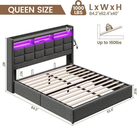 Driftalia Lift Up Queen Bed Frame with Storage, Upholstered Bed Frame Queen Size with LED Lights Headboard and Charging Station, No Box Spring Needed, Easy Assembly - Dark Grey