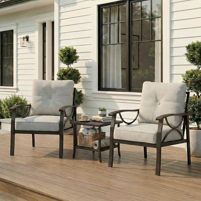 RoyalCraft Outdoor Patio Furniture Set, 3 Pieces Metal Patio Conversation Set with Side Table for Porch Garden Backyard, Beige