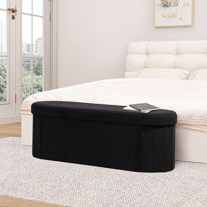 B FSOBEIIALEO Ottoman with Storage for Living Room, Sherpa Folding Storage Ottoman Foot Rest, 43.3 Inches Collapsible Bedroom Bench Black