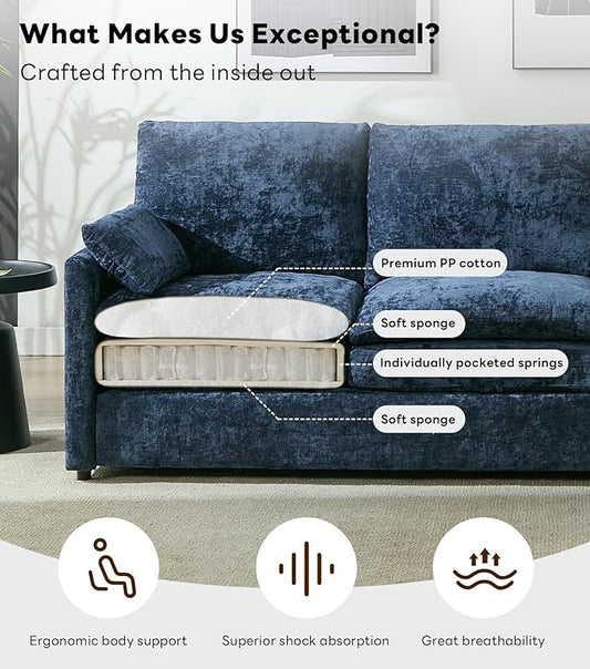 Iroomy Loveseat & 3 Seater, Chenille Cloud Couch, Modern Sofa, Comfy Plush Thick Cushions, Pocket Springs, Cloud-Like Comfort Sofas, Living Room Furniture Sets, Blue