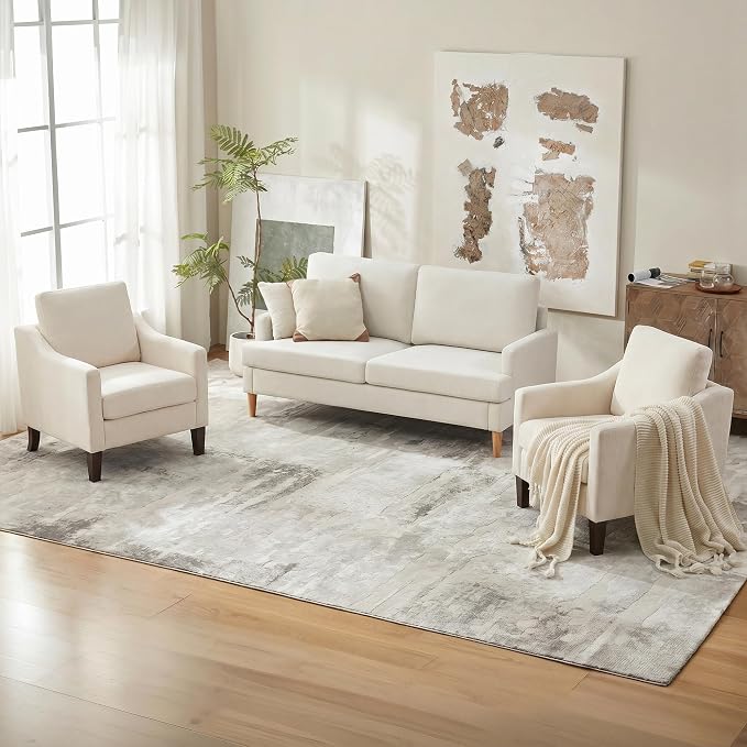 VKNOW Mid-Century Accent Chair, No Tools Assembly Required, Modern Upholstered Polyester Armchair for Living Room,Comfy Reading Accent Chairs with Wood Legs for Bedroom, Beige