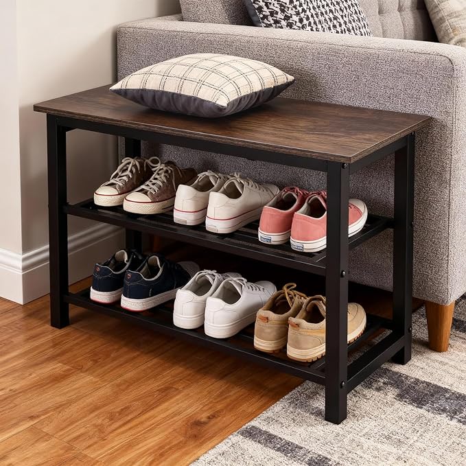 Shoe Bench, 3-Tier Shoe Rack, Industrial Shoe Organizer Storage Bench, 27.2'' Bench with Metal Shelves, for Entryway, Living Room, Hallway, Easy Assembly, 300lb Capacity - Rustic Brown