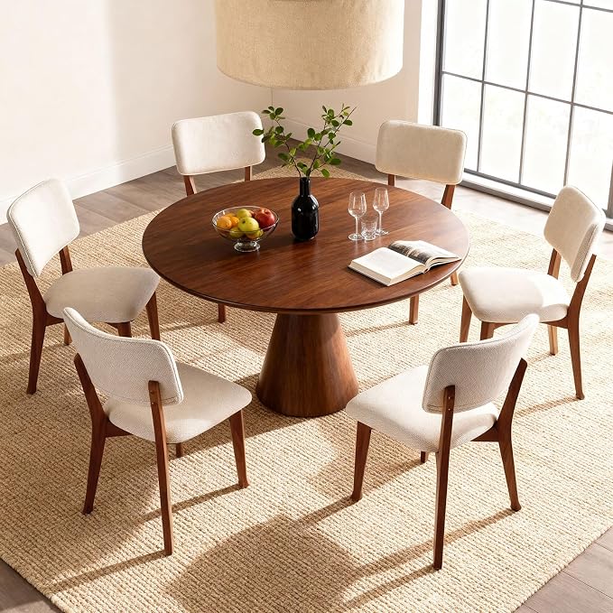 Wooden Dining Chairs Set of 2, Mid Century Modern Kitchen Chairs with Fabric Upholstered and Curved Backrest for Dining Room, Restaurant/Cafe, Walnut