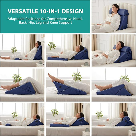 3Pcs Orthopedic Bed Wedge Pillow Set, Foam Wedge Pillow Post Surgery for Back, Leg and Knee Support, Adjustable 9&12 Inch Folding Triangle Pillow for Sleeping, Acid Reflux, Snoring, Navy