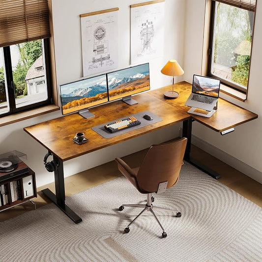 OffiGo Electric L Shaped Standing Desk, 63 Inches Height Adjustable Table, Reversible Corner Stand Up Desk, Lifting Computer Table for Home Office, Computer Workstation, Rustic Brown