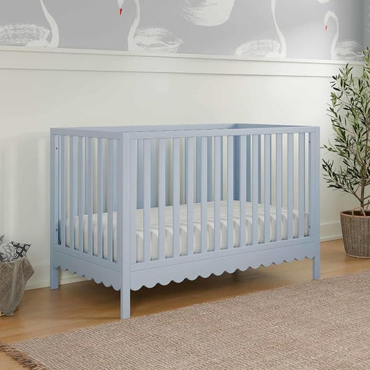Davinci Sammy Scallop 4-in-1 Convertible Baby Crib, Powder Blue | GREENGUARD Gold Certified, Converts to Toddler Bed & Daybed & Full-Size Bed, 4 Adjustable Mattress Heights - Easy to Assemble