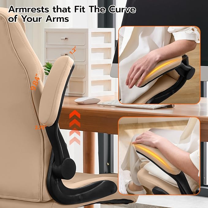Ylzyxal Office Desk Chair, Ergonomic Computer Chair with Padded Flip-Up Arms and Adjustable Lumbar Support, PU Leather Executive Chair with Tilt Lock and 360° Swivel Rolling Wheels for Work, Study