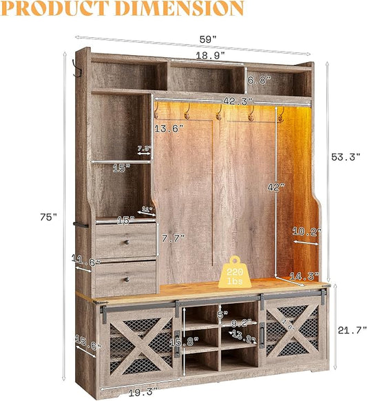 AMERLIFE 75"H 7-in-1 Farmhouse Hall Tree with Bench and shoe storage, LED Entryway Bench with Coat Rack, 12 Shoe Cubbies, 2 Drawers, Barn Doors & Adjustable Shelf, Mudroom Hallway Cabinet, Rustic Grey