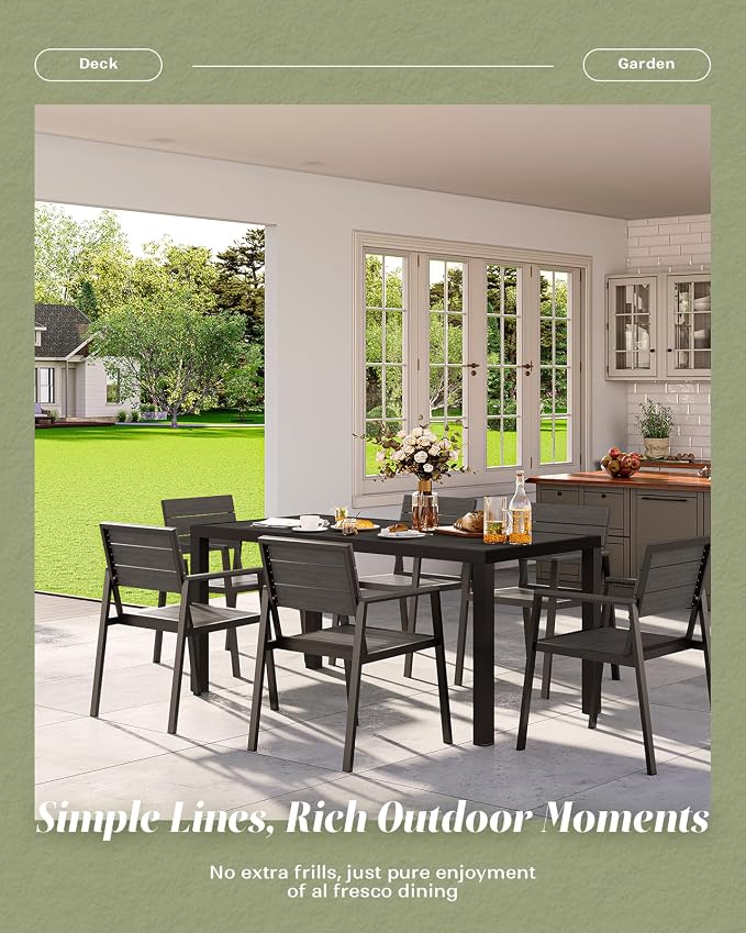Vexwalx 67" HDPS Outdoor Patio Dining Table, Aluminum-Edged Outdoor Dining Table with Umbrella Hole, Weather-Resistant for Lawn, Garden, Poolside and Indoor Use, Charcoal