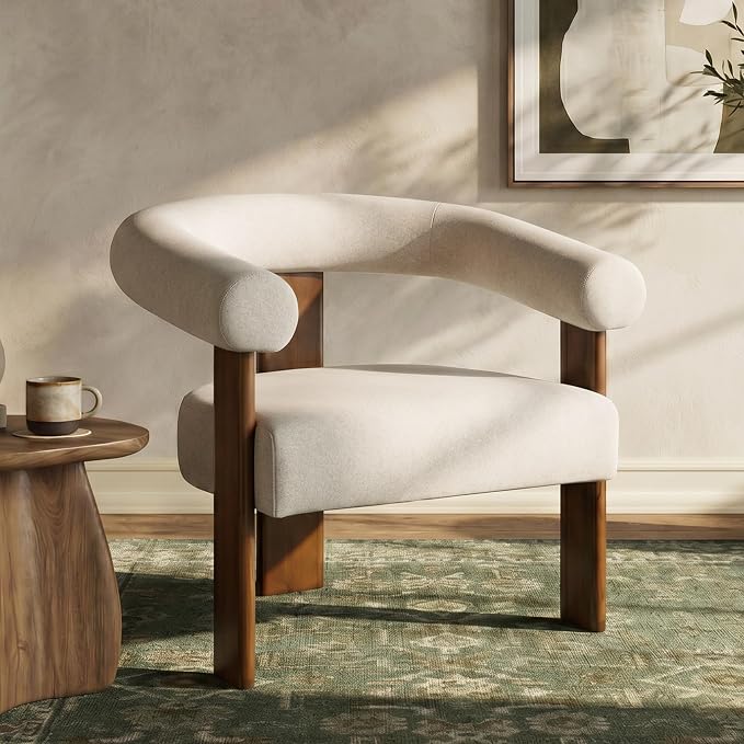 VKNOW Accent Chairs Set of 2, Living Room Chairs with Walnut Legs, Khaki | Mohair-type Fabric, Barrel Back, Armrests, For Adults and Family, Living Room, Bedroom, Vanity, No Wobble, Easy Assembly