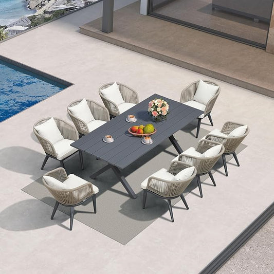 PURPLE LEAF 9 Pieces Patio Dining Set Wicker Outdoor Furniture Rectangular Table and Chairs Set for Garden Deck Aluminum Frame Backyard Kitchen Set, Cushions and Pillows Included Taupe