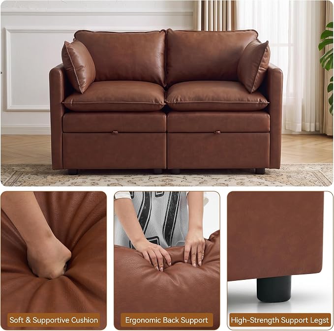 55" Brown Faux Leather Storage Loveseat Sofa, Upholstered 2 Seater Sofa | Modern Deep Seat Cloud Sofa Chair, Small Love Seat Comfy Modular Sectional Sofa for Living Room, Bedroom, Small spaces