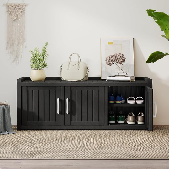 2-Tier Storage Bench, Waterproof UV-Resistant Outdoor Shoe Storage Cabinet with 3 Doors & Adjustable Shelves for Indoor Outdoor Entryway, Hallway, Living Room (Black)