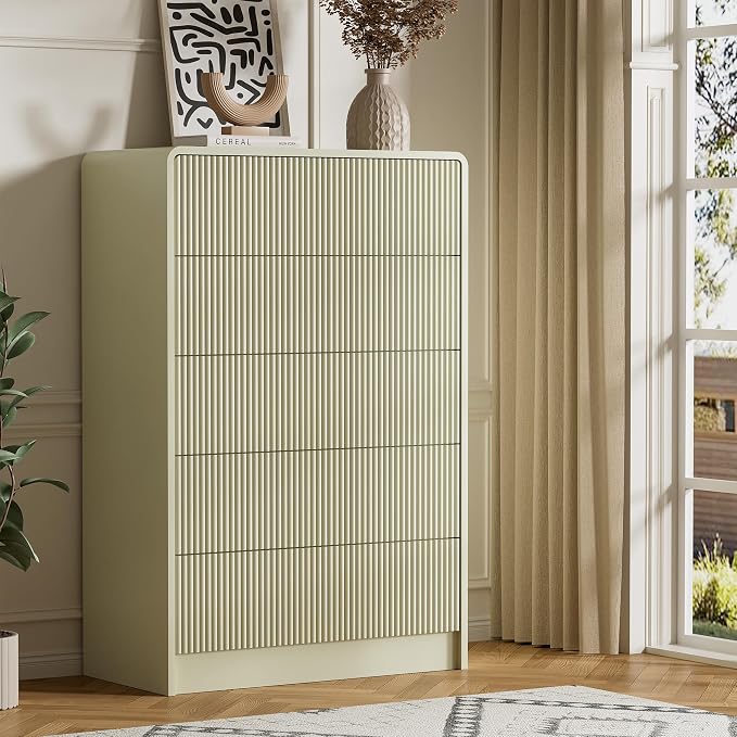 Furniway Bedroom Dresser Set 3 Piece, 5 Drawer Curved Dresser with 2 Nightstands, Modern Fluted Wood Storage Cabinet, White Chest of Drawers with Pop-Up Design, Beige