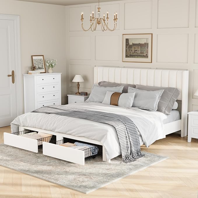 GAOMON King Size Velvet Upholstered Platform Bed with Storage Drawers, Wingback Headboard, No Box Spring Needed, Cream White