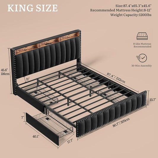 YITAHOME King Size Bed Frame with 4 Storage Drawers and RGB LED Lights, Velvet Upholstered Platform Bed with Charging Station and Bookcase Storage, No Box Spring Needed, Easy Assembly, Charcoal Black