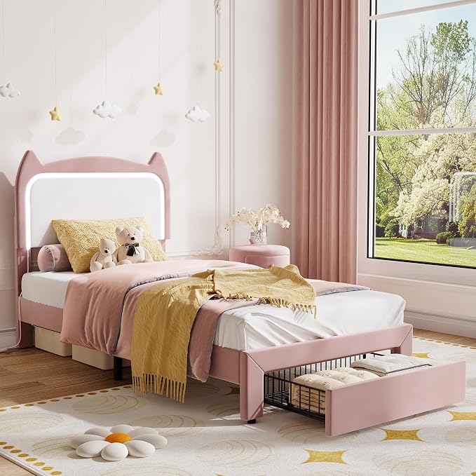 Garvee Twin Upholstered LED Bed Frame with Storage Drawer & Cute Cat Headboard, Velvet Princess Platform Bed Frame with Sturdy Wood Slats Support for Girls/Kids, No Box Spring Needed, Pink