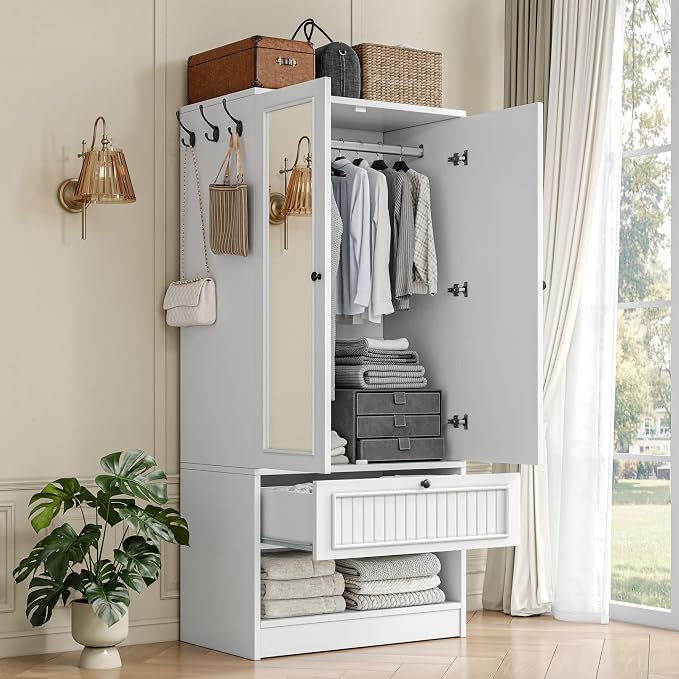 Einhomn 70" Armoire Wardrobe Closet with Doors & Mirror,Wooden Wardrobe with Drawers and 3 Side Hooks,Large Freestanding Bedroom Storage Wardrobe Cabinet,White