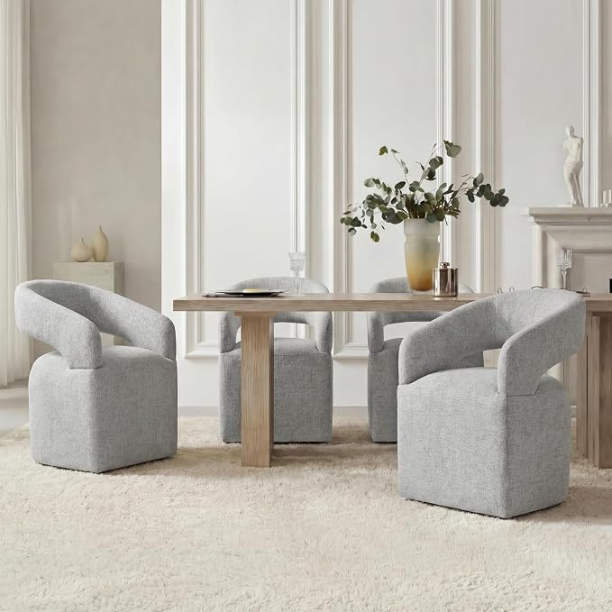 KISLOT Upholstered Dining Chairs Set of 1, Modern Arm Kitchen & Dining Room Chairs with Hidden Casters, Linen Fabric Padded Rolling Chairs, Sturdy Wood Frame, 300 lbs Capacity, Light Grey