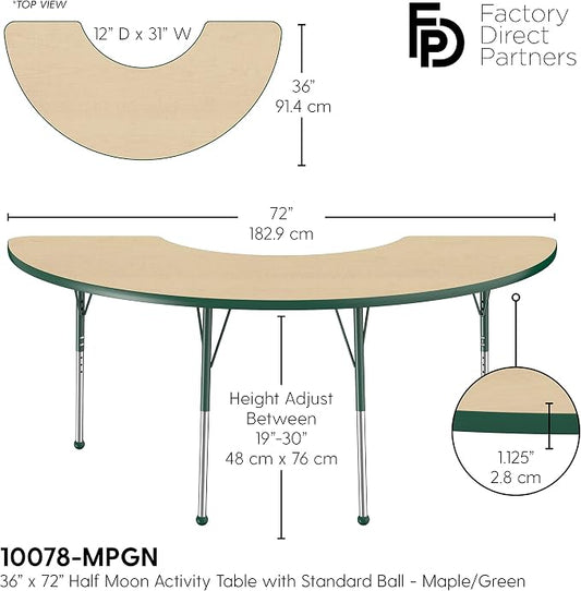 FDP Half Moon Activity School and Office Table (36 x 72 inch), Standard Legs with Ball Glides for Collaborative Seating Environments, Adjustable Height 19-30 inches - Maple Top and Green Edge