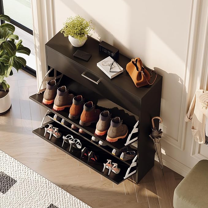 VINGLI Black Shoe Cabinet for Entryway, Modern Slim Shoe Rack Storage with 3 Flip Drawers, Narrow Free Standing Sneaker Organizer for Hallway, 9.5" Depth, Matte Black Finish