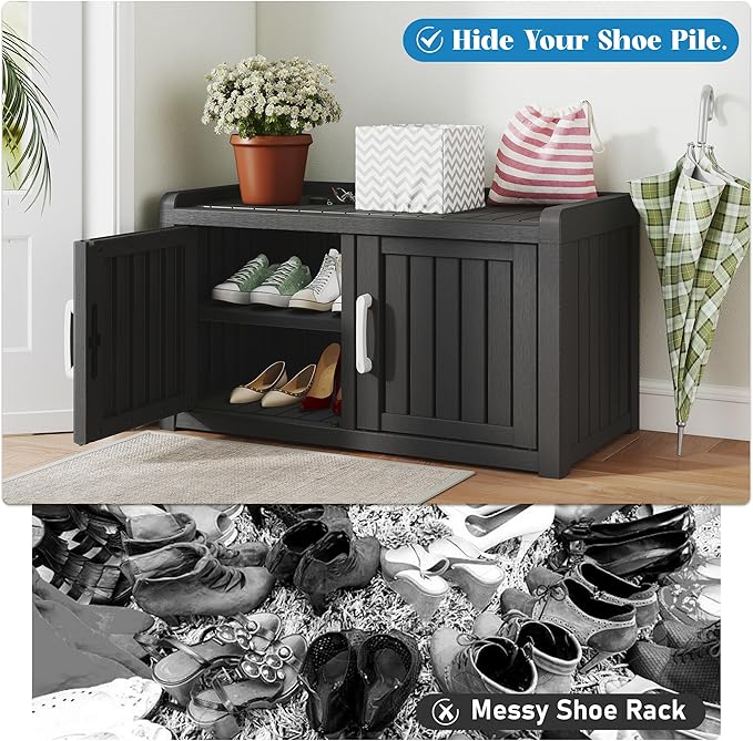 2-Tier Storage Bench, Waterproof UV-Resistant Outdoor Shoe Storage Cabinet with 2 Doors & Adjustable Shelves for Indoor Outdoor Entryway, Hallway, Living Room (Black)
