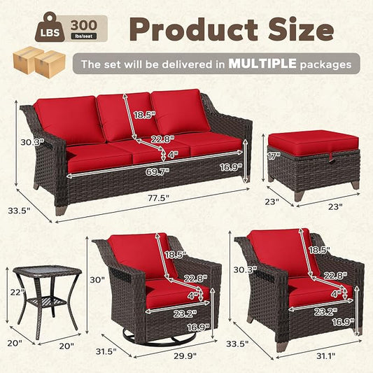 11 Pieces Patio Conversation Furniture Set - 1 Sofa, 2 Ottoman, 2 Armchairs, 4 Swivel Chairs, 2 Side Tables, Outdoor Wicker Furniture with Removable Cushions for Porch, Sunroom (Red)