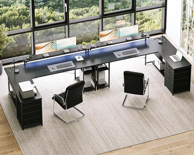 AODK 61" L Shaped Desk with Drawer, Computer Desk with Power Outlets & LED Lights, Reversible Corner Gaming Desk for Home Office Workstation, Office Desk with Monitor Shelf, Pure Black