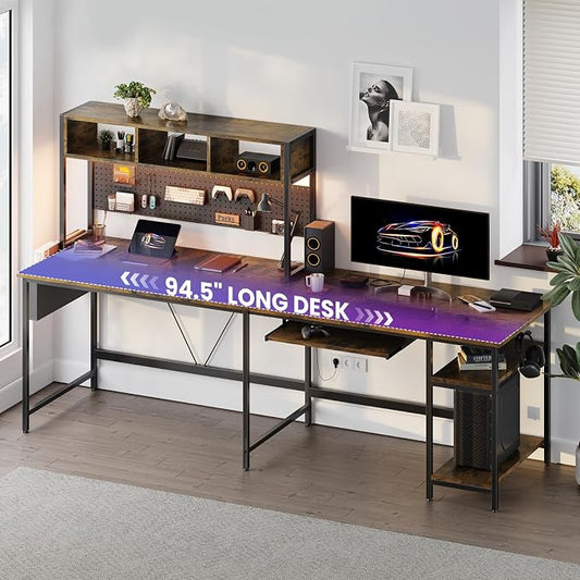 DUMOS 67" L Shaped Gaming Desk, Reversible Computer Desks with LED Lighting, Corner Desk for Compact Spaces with Keyboard Tray & Storage Shelf, Metal Frame PC Gaming Table for Home Office,Rustic Brown