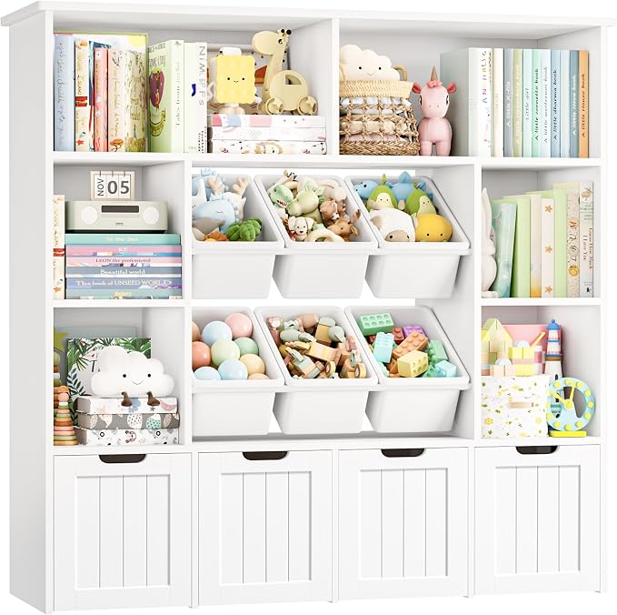 FINETONES Toy Storage Organizer with 6 Toy Bins, Large Toy Organizers and Storage with 4 Movable Drawers and 6 Storage Cubbies, Kids Toy Storage and Toy Chest for Playroom and Kids Room, White