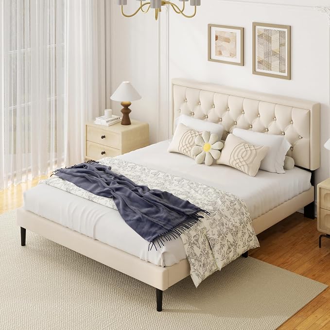 CXVX King Size Platform Bed Frame with Upholstered Velvet Button Tufted Headboard, Mattress Foundation with Wooden Slat Support, No Box Spring Needed, Easy Assembly, Noise Free, Beige