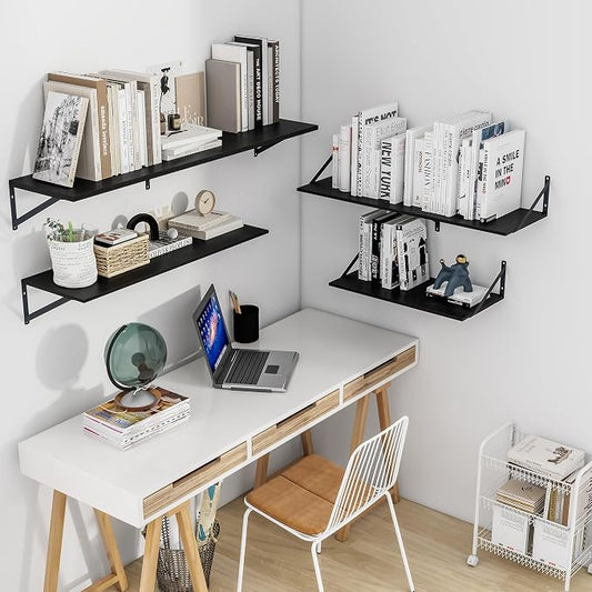 Heimlove Black Deep Floating Shelves for Wall, 48W x 12D Wood Wall Shelves Set of 2, Wide Floating Bookshelf for Living Room, Kitchen, Office, Bedroom and Decor Storage, with Metal Bracket - Black