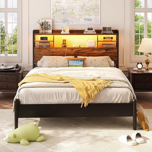 Aheaplus Headboard for Full Size Bed with Storage, Headboards with LED Light, Power Outlets, USB Ports Full Size Head Board, Wood headboard Only Sturdy and Stable Headboards, Modern, Rustic Brown