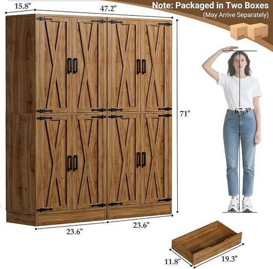 Unikito 71" Pantry Cabinet with Drawer, Farmhouse Barn Doors and Adjustable Shelves, Freestanding Storage Cabinet for Kitchen, Dining Room, Living Room, Utility Room