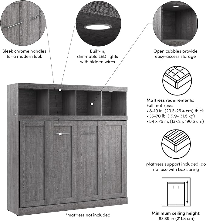 Bestar Full Size Horizontal Murphy Bed with Storage and Charging Station, 80-inch, for Bedroom or Guestroom, Pur Collection, Modern, Gray