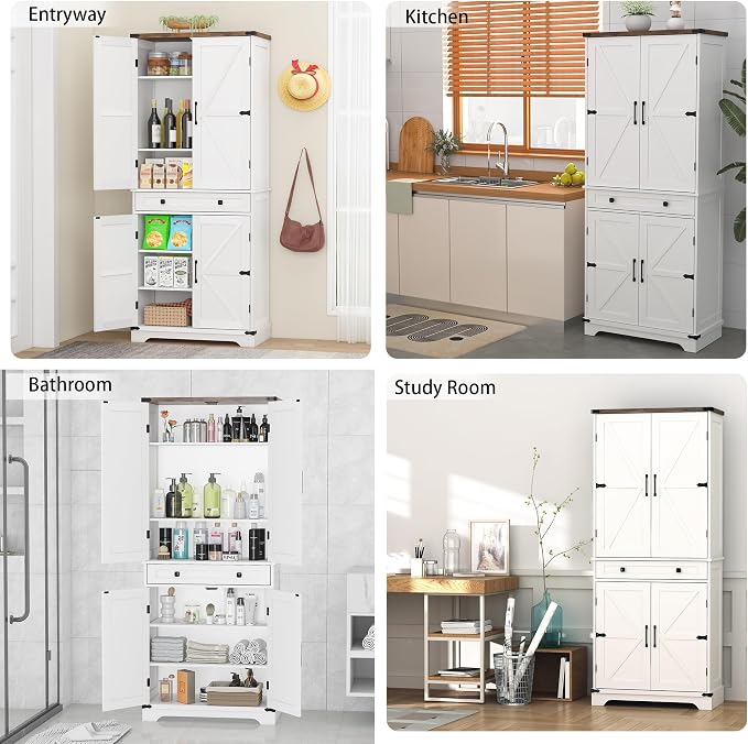 71" Tall Kitchen Pantry Storage Cabinet with Drawer & 4 Barn Doors, Freestanding Storage Cupboard with Adjustable Shelves, Large Capacity Floor Cabinet for Kitchen, Dining Room, Bathroom, White