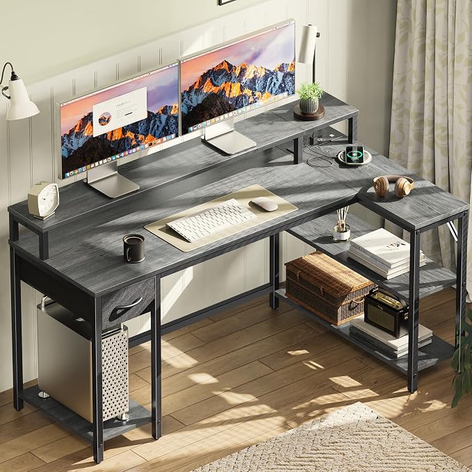 SUPERJARE 53 inch Reversible L Shaped Desk with LED Lights & Power Outlets, Computer Desk with Shelves & Monitor Stand, Gaming Desk with Drawer, Home Office Desk Corner Desk, Grey