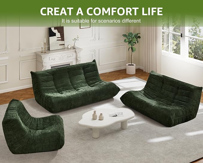 Hobestluk Giant Bean Bag Chair Faux Fur BeanBag Couch for Living Room | Green Chenille, 3-Seater,Ergonomic Design,Memory Foam,Anti-slip Bottom,No Assembly Required,Decorative Style for Living Room