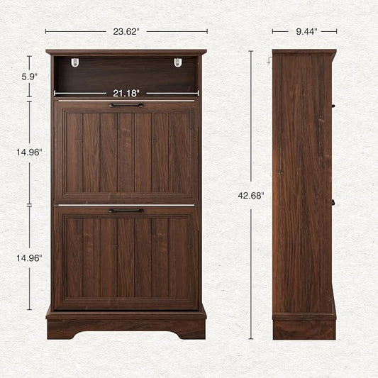 Shoe Storage Cabinet with 2 Flip Drawers, 24" W Farmhouse Modern Hidden Shoes Rack Cabinet with Adjustable Shelves & Open Storage, Narrow Slim Shoe Organizer for Front Door Entrance, Entryway, Walnut