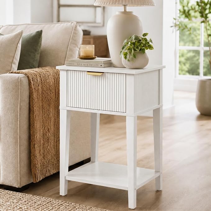 Modern Fluted Small Wood Nightstand, 11.8" Deep x 15.4" Narrow Bedside Table with Drawer & Open Shelf, Farmhouse Chic Accent Side Table for Bedroom & Sofa - White | Bright white tone, ribbed fluted front, 11.8-inch slim depth, concealed storage, clean ...