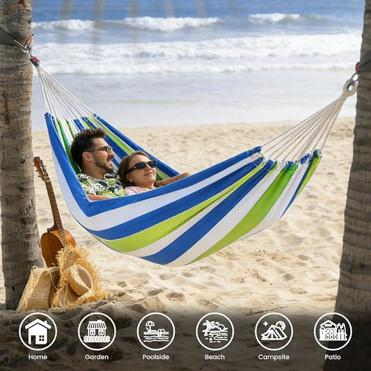 Lazy Daze Hammocks Double Brazilian Cotton Hammock, Extra Large Portable Outdoor Camping Hammock with Tree Straps & Travel Bag for Backyard Patio Poolside Indoor, 550lbs Capacity, Blue & Light Green